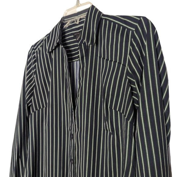 Ann Taylor long sleeve button front navy blue with white green stripes blouse XS - Picture 5 of 9
